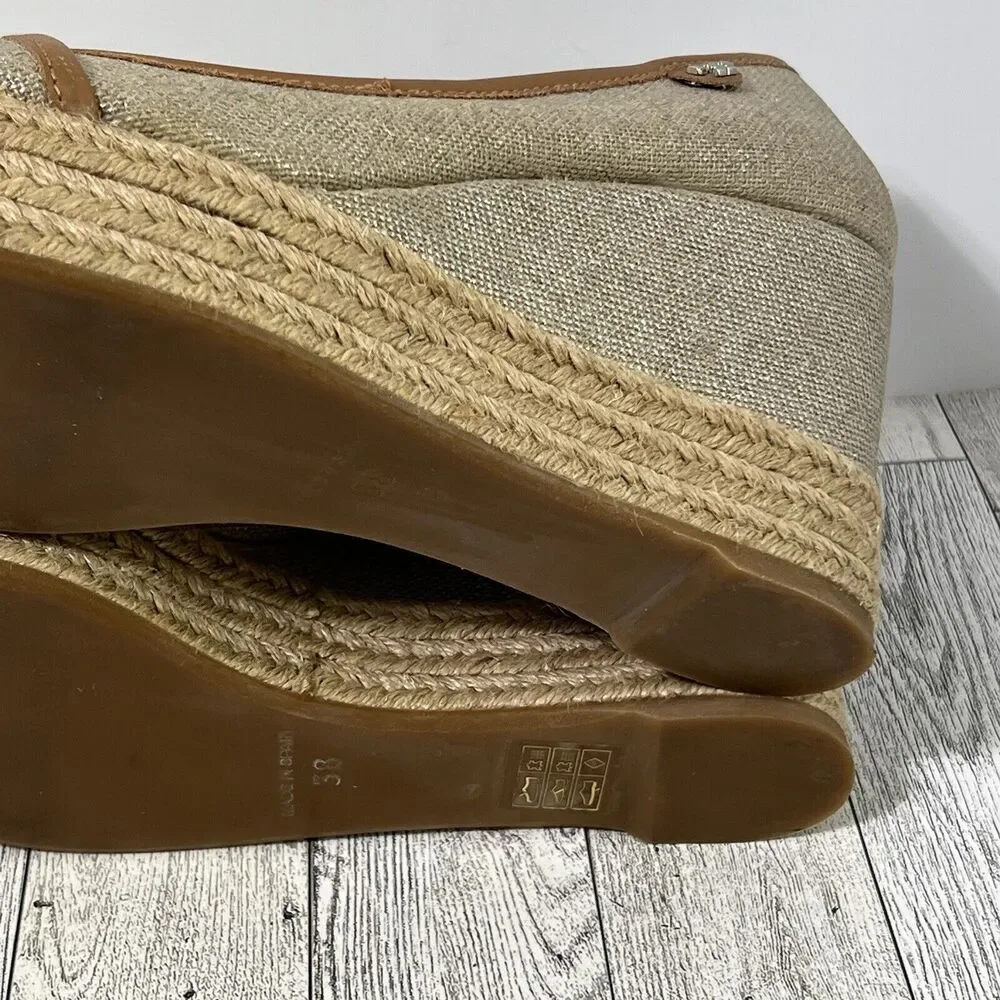 Tory Burch Beige and Brown Espadrille Wedge Peep-Toe